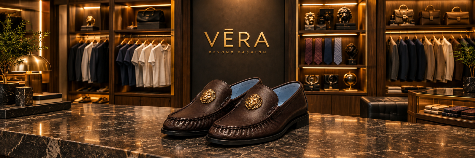 VERA Lion emblem loafers in a warm boutique setting