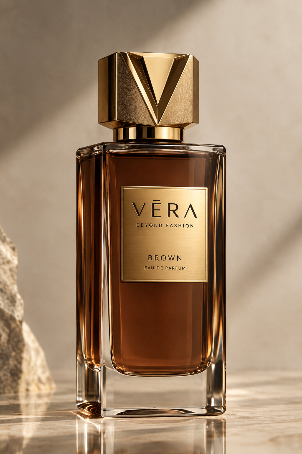 VERA Brown eau de parfum bottle with a sculpted V cap
